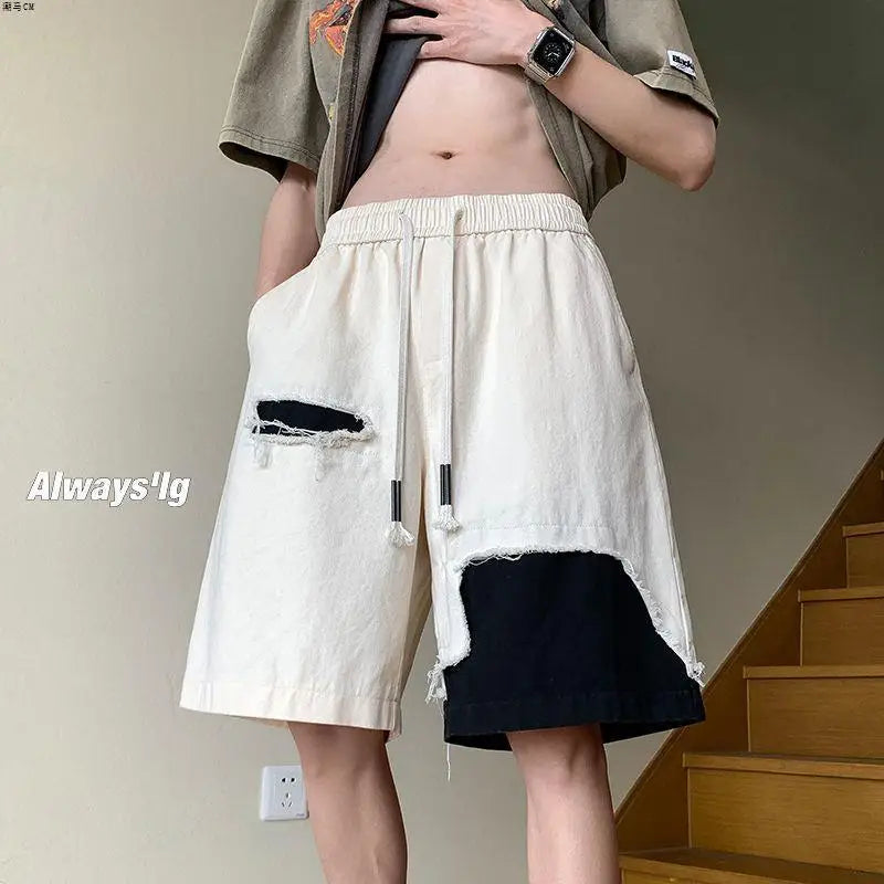 Denim Men's Summer Shorts Design Sense High Street Versatile Shorts Boys Contrasting Colors Irregular Splicing Ripped